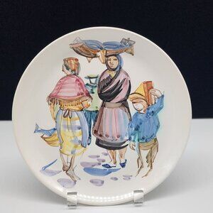 MCM Secla Portugal Hand-Painted Plate Signed M.A. Steel Women Market Scene